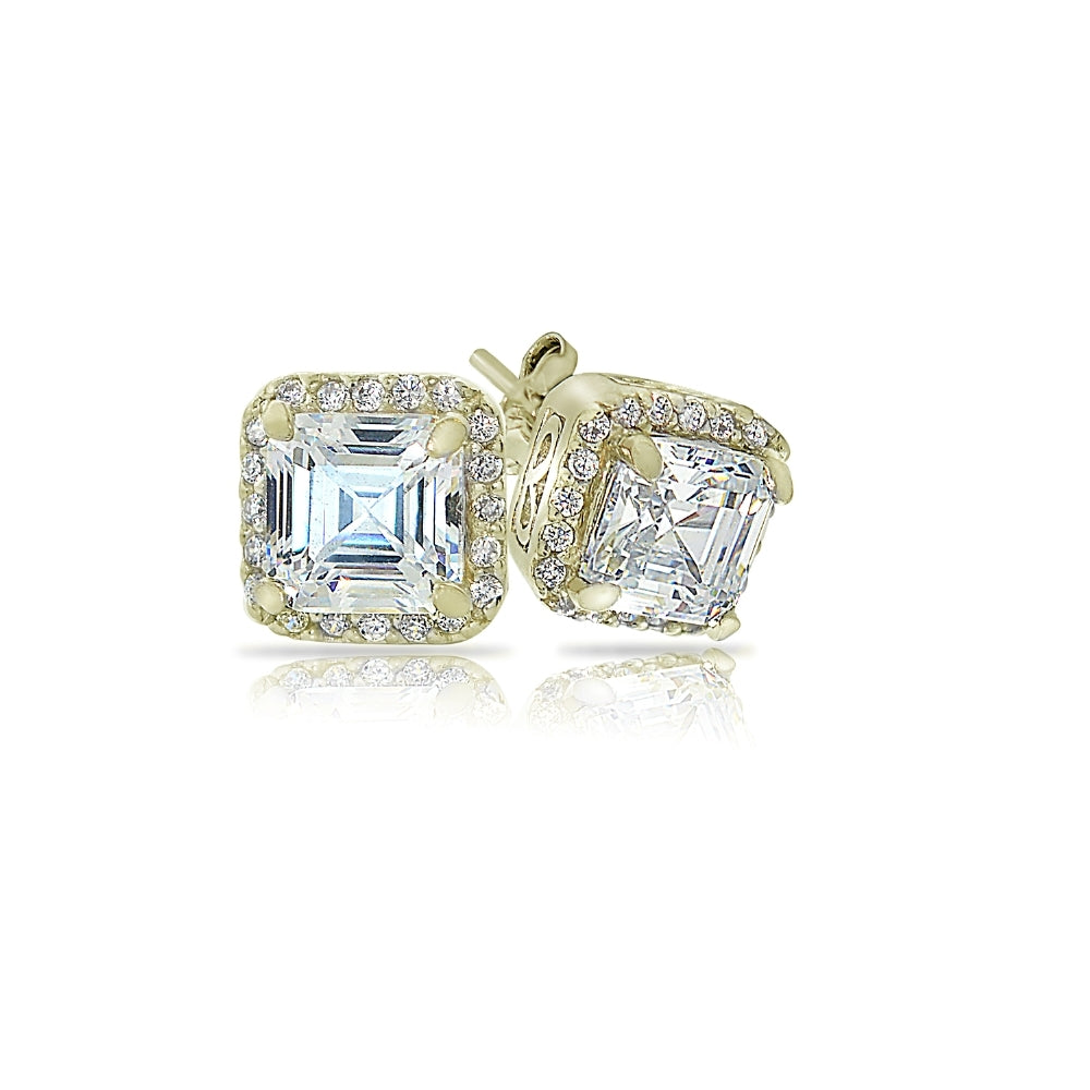 Yellow Gold Flashed Sterling Silver Asscher-Cut Cubic Zirconia Stud Earrings