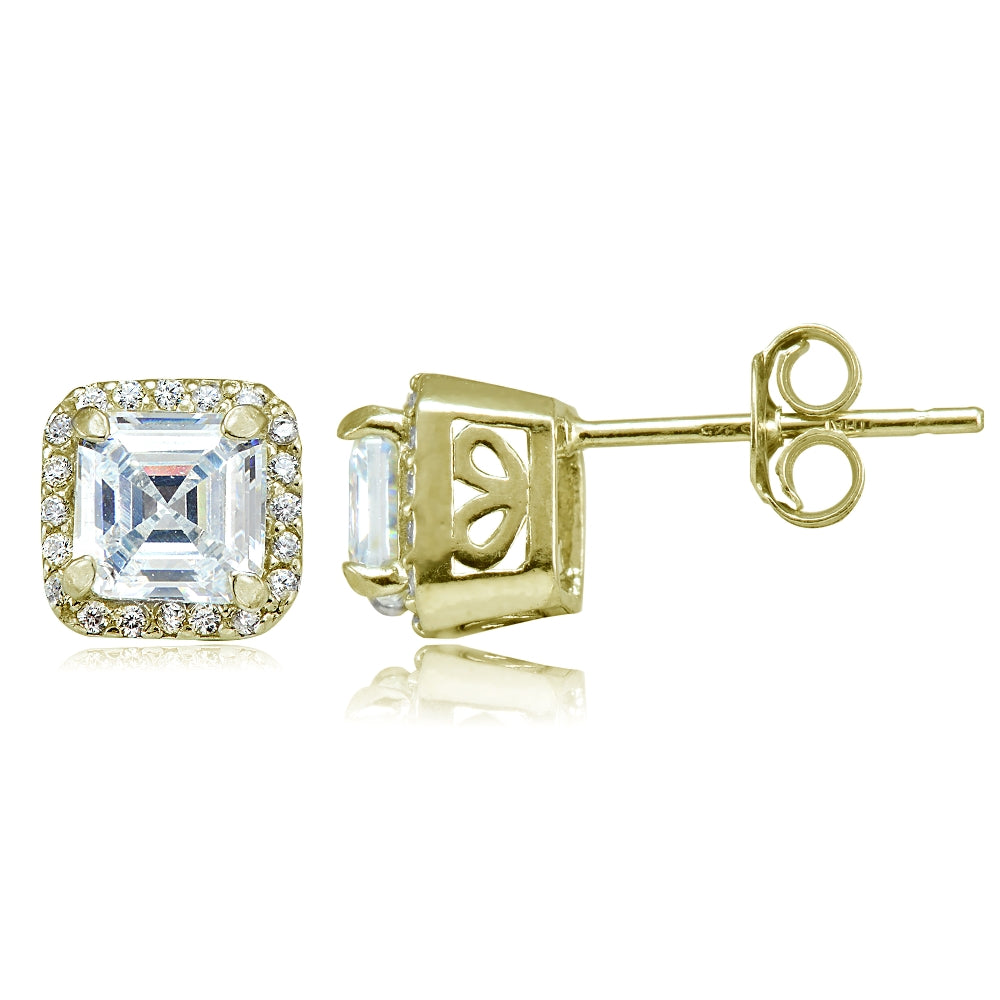 Yellow Gold Flashed Sterling Silver Asscher-Cut Cubic Zirconia Stud Earrings-2