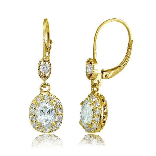Yellow Gold Flashed Sterling Silver Cubic Zirconia Oval Dangle Leverback Earrings