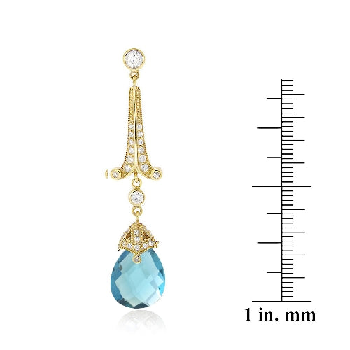 18K Gold over Sterling Silver 18ct Aqua & Clear CZ Estate Dangle Earrings-2
