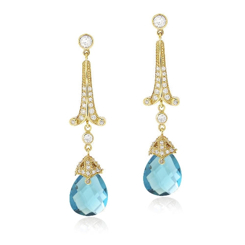 18K Gold over Sterling Silver 18ct Aqua & Clear CZ Estate Dangle Earrings-3