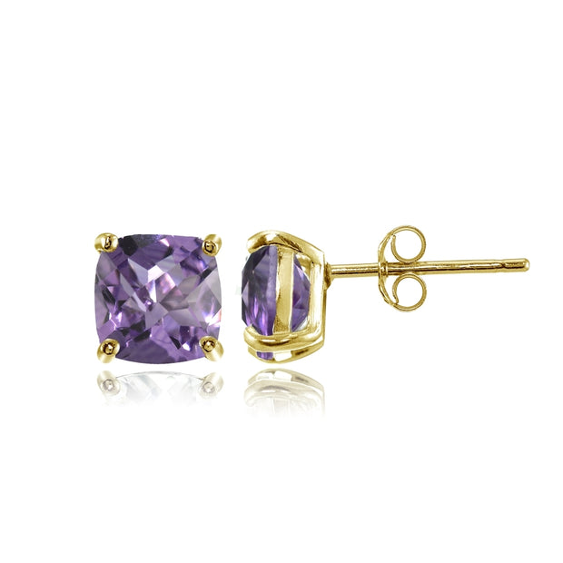 Yellow Gold Flashed Sterling Silver 5mm Cushion-Cut Amethyst Stud Earrings