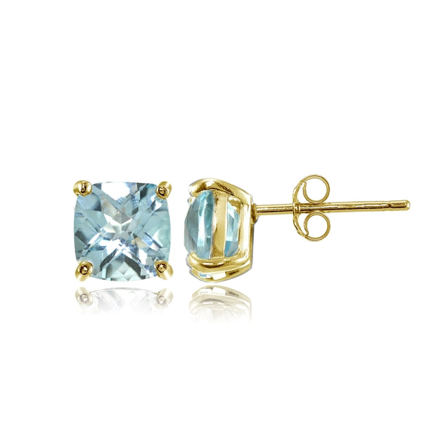 Yellow Gold Flashed Sterling Silver 5mm Cushion-Cut Blue Topaz Stud Earrings