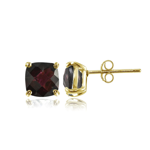 Yellow Gold Flashed Sterling Silver 5mm Cushion-Cut Garnet Stud Earrings