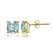 Yellow Gold Flashed Sterling Silver 6mm Cushion-Cut Blue Topaz Stud Earrings