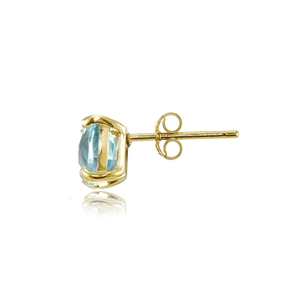 Yellow Gold Flashed Sterling Silver 6mm Cushion-Cut Blue Topaz Stud Earrings-2
