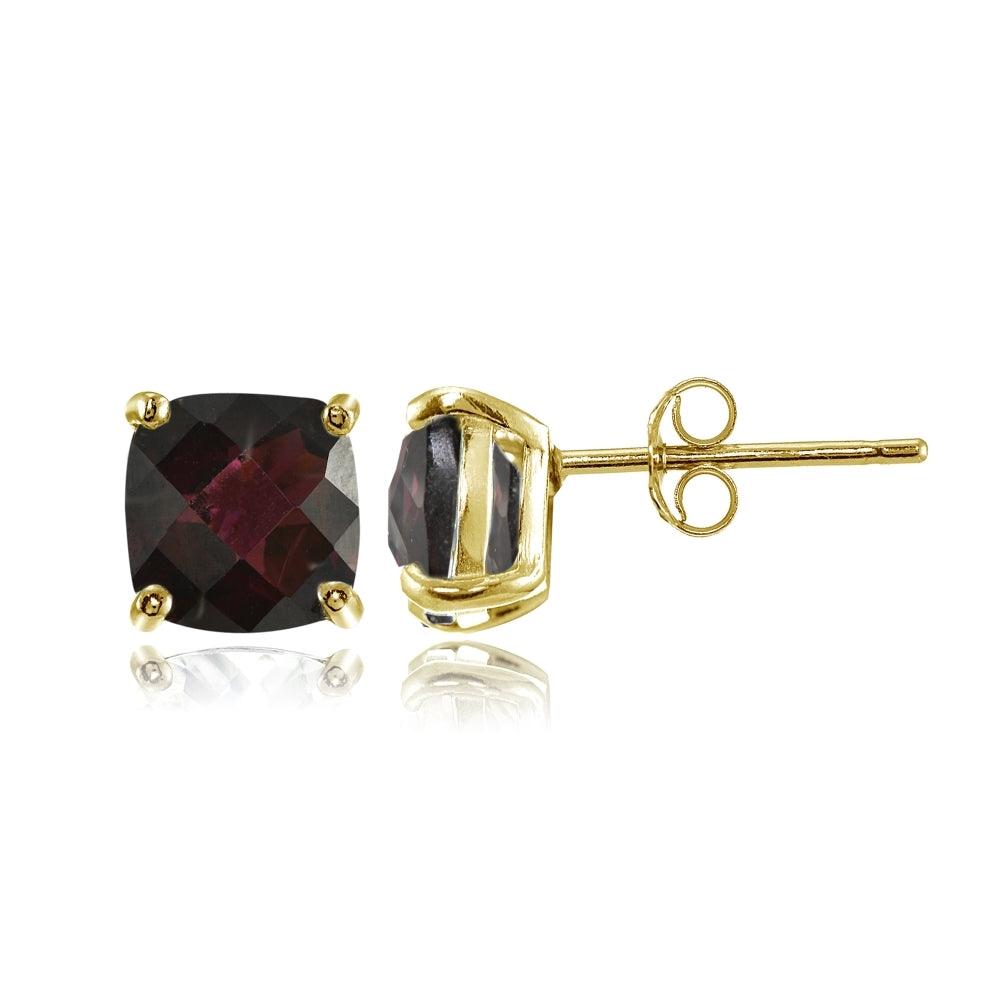 Yellow Gold Flashed Sterling Silver 6mm Cushion-Cut Garnet Stud Earrings