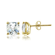 Yellow Gold Flashed Sterling Silver 6mm Cushion-Cut White Topaz Stud Earrings
