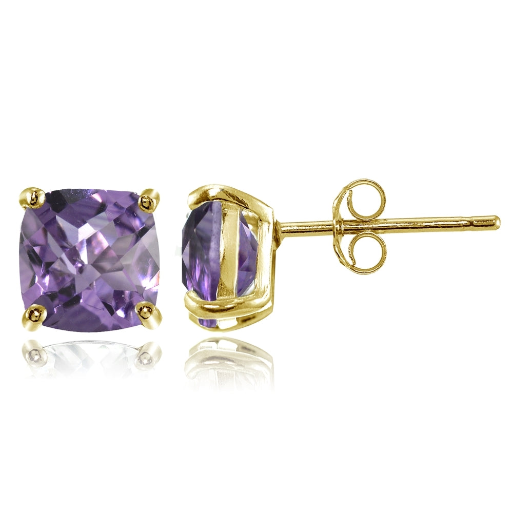 Yellow Gold Flashed Sterling Silver 7mm Cushion-Cut Amethyst Stud Earrings