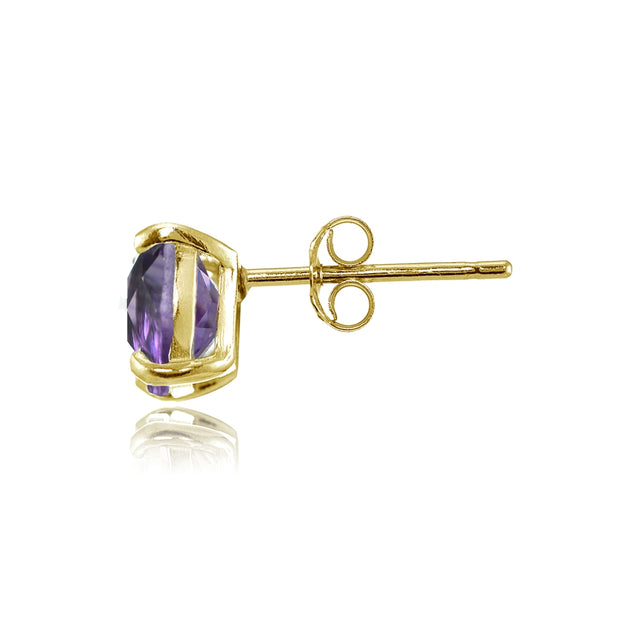 Yellow Gold Flashed Sterling Silver 7mm Cushion-Cut Amethyst Stud Earrings
