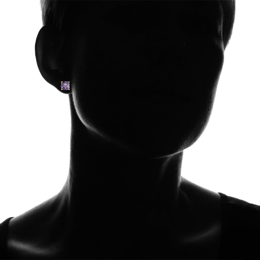 Yellow Gold Flashed Sterling Silver 7mm Cushion-Cut Amethyst Stud Earrings-4