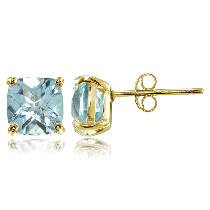 Yellow Gold Flashed Sterling Silver 7mm Cushion-Cut Blue Topaz Stud Earrings