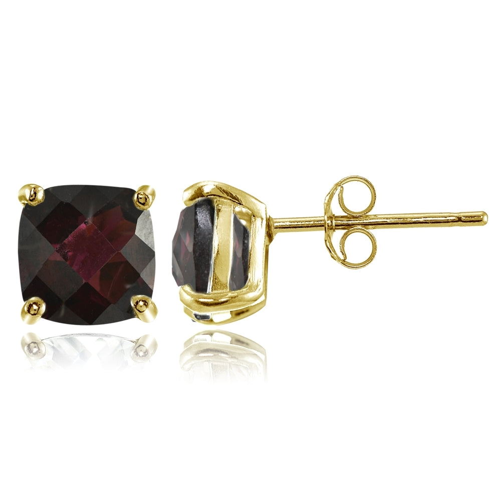 Yellow Gold Flashed Sterling Silver 7mm Cushion-Cut Garnet Stud Earrings