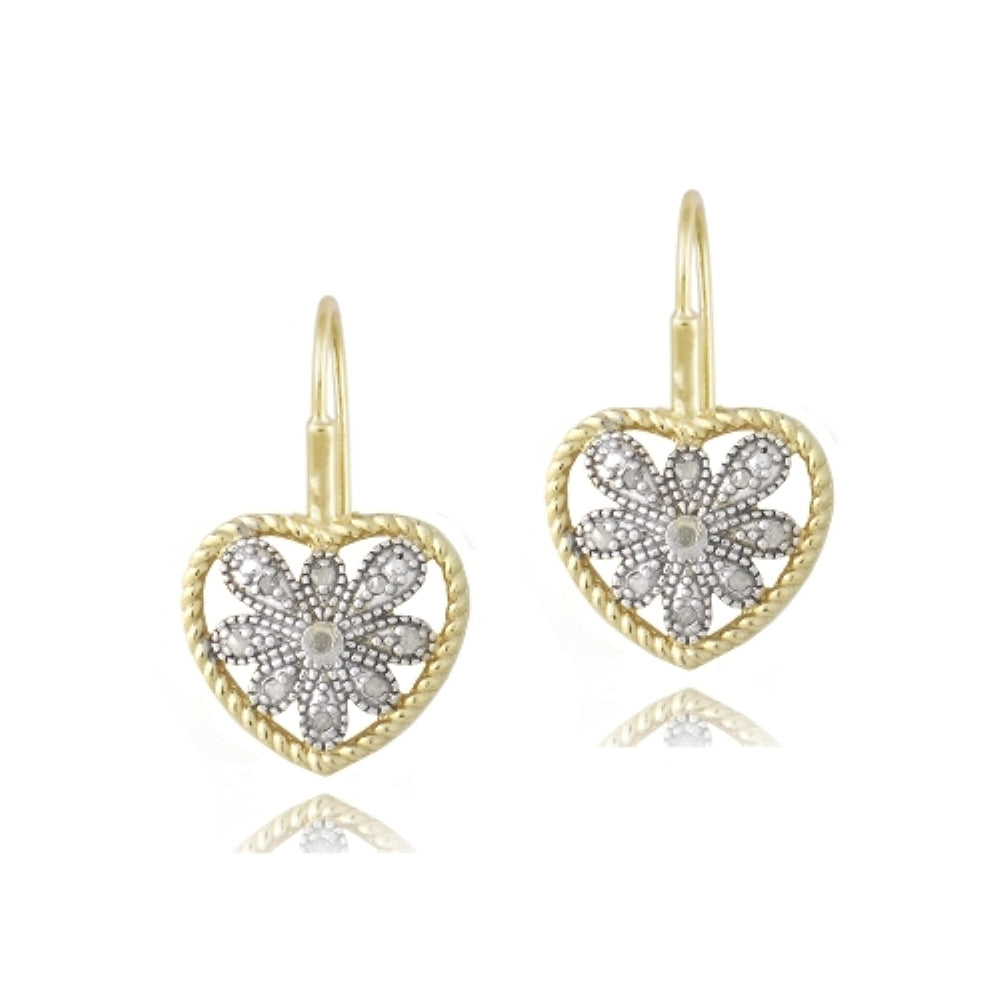 18K Gold over Sterling Silver Two Tone 1/10 ct Diamond Filigree Heart Leverback Earrings
