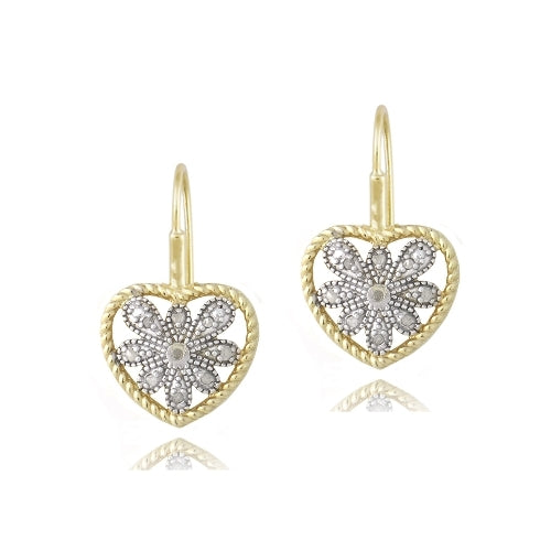 18K Gold over Sterling Silver Two Tone 1/10 ct Diamond Filigree Heart Leverback Earrings-2