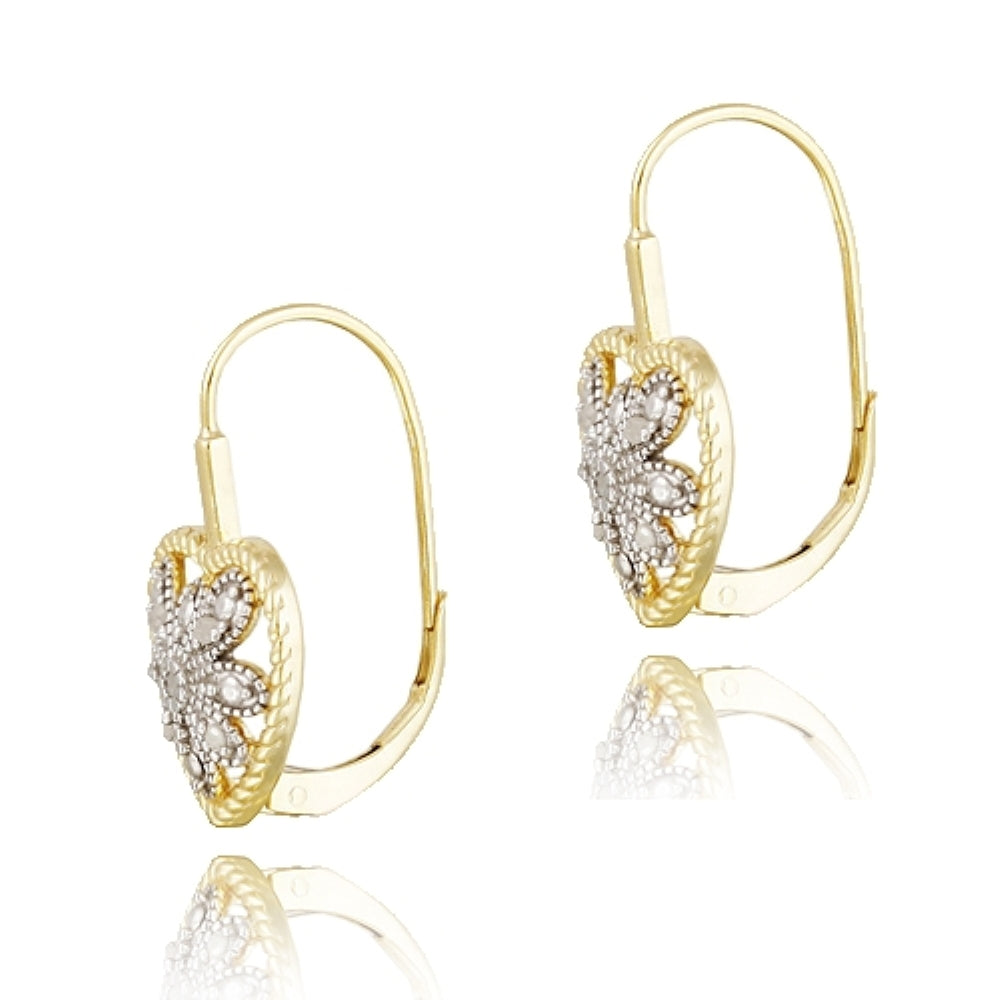 18K Gold over Sterling Silver Two Tone 1/10 ct Diamond Filigree Heart Leverback Earrings-3