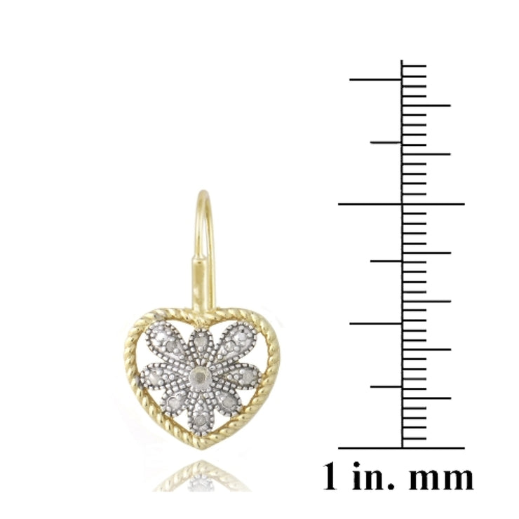 18K Gold over Sterling Silver Two Tone 1/10 ct Diamond Filigree Heart Leverback Earrings