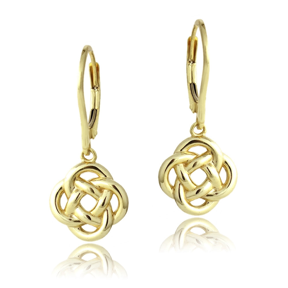Yellow Gold Flashed Sterling Silver Love Knot Flower Dangle Leverback Earrings