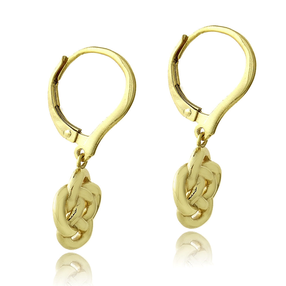 Yellow Gold Flashed Sterling Silver Love Knot Flower Dangle Leverback Earrings-2