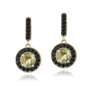 18K Gold over Sterling Silver 2.5ct Citrine & Black Spinel Round Dangle Earrings