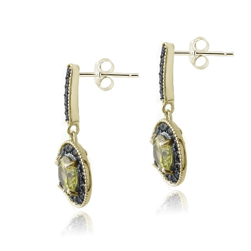 18K Gold over Sterling Silver 2.5ct Citrine & Black Spinel Round Dangle Earrings-2