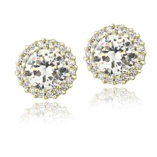 Gold Tone over Sterling Silver CZ Halo Stud Earrings