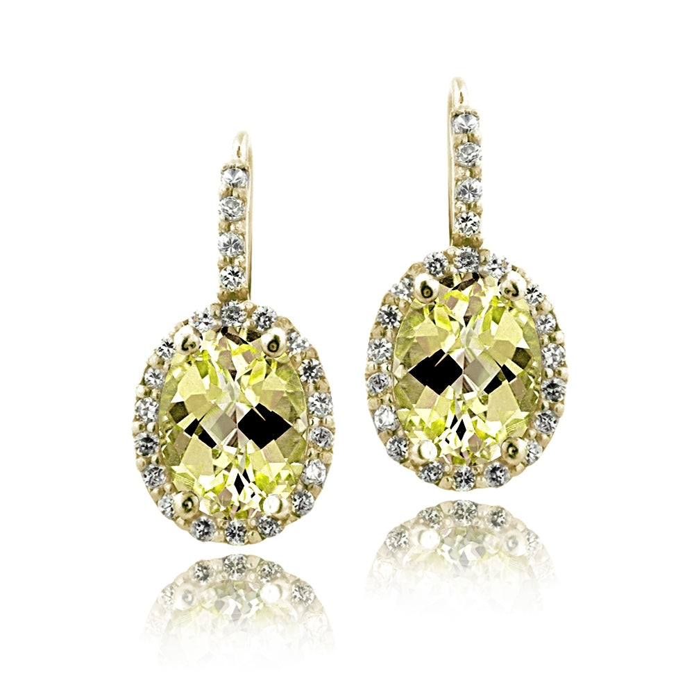 Gold Tone over Sterling Silver 3.3ct Citrine& CZ Oval Halo Leverback Earrings