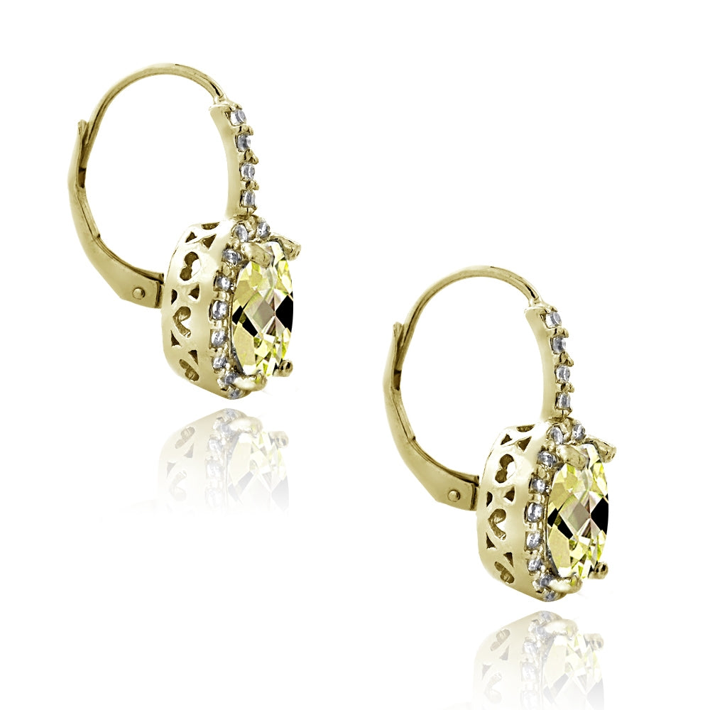 Gold Tone over Sterling Silver 3.3ct Citrine& CZ Oval Halo Leverback Earrings-2