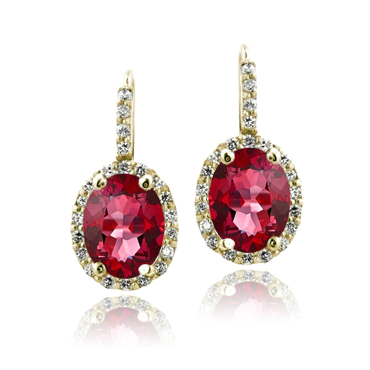 Gold Tone over Sterling Silver 4.6ct Created Ruby & CZ Oval Halo Leverback Earrings