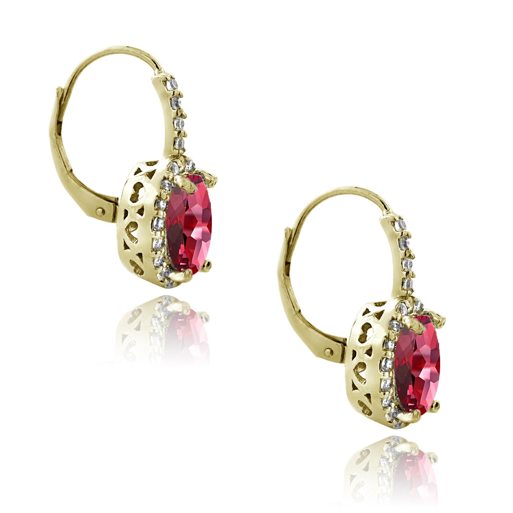 Gold Tone over Sterling Silver 4.6ct Created Ruby & CZ Oval Halo Leverback Earrings-2