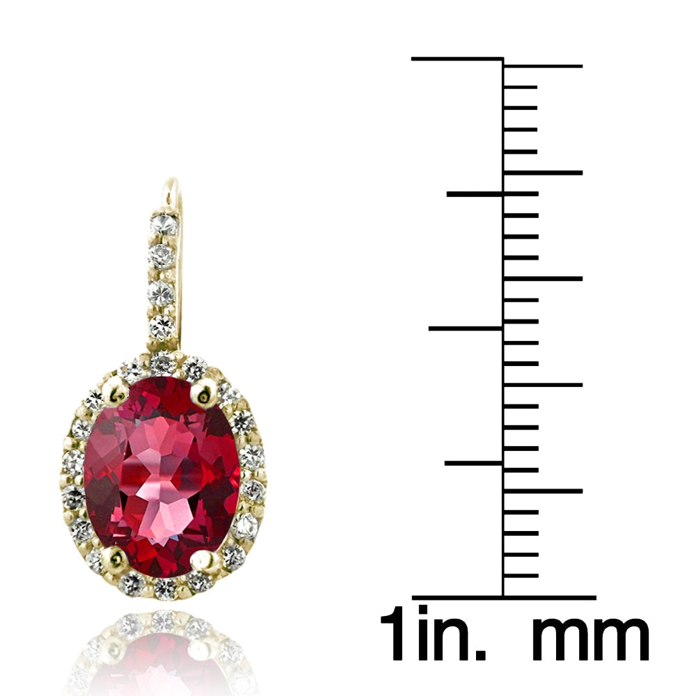 Gold Tone over Sterling Silver 4.6ct Created Ruby & CZ Oval Halo Leverback Earrings-3
