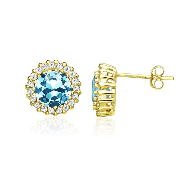 Yellow Gold Flashed Sterling Silver Created Aquamarine and Cubic Zirconia Round Halo Stud Earrings