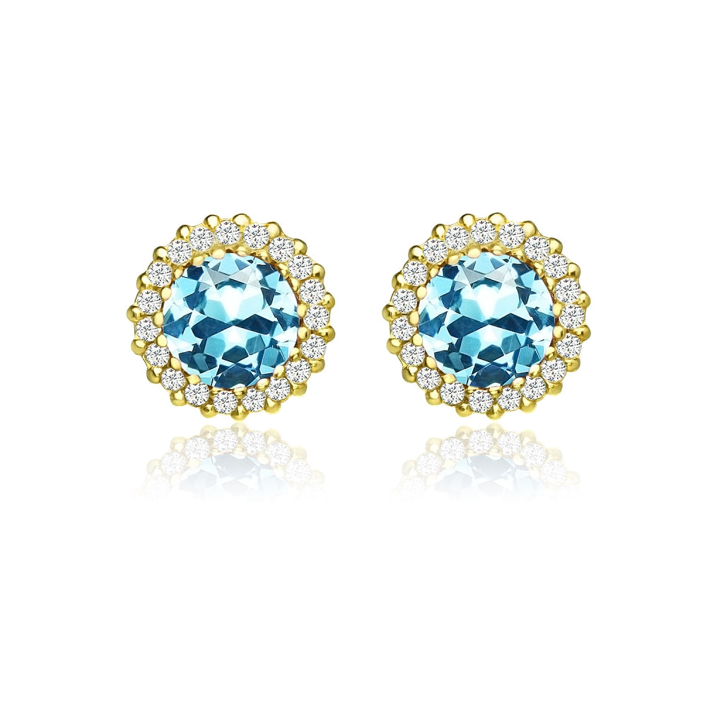 Yellow Gold Flashed Sterling Silver Created Aquamarine and Cubic Zirconia Round Halo Stud Earrings-2