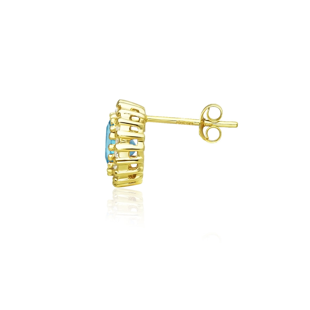 Yellow Gold Flashed Sterling Silver Created Aquamarine and Cubic Zirconia Round Halo Stud Earrings-3