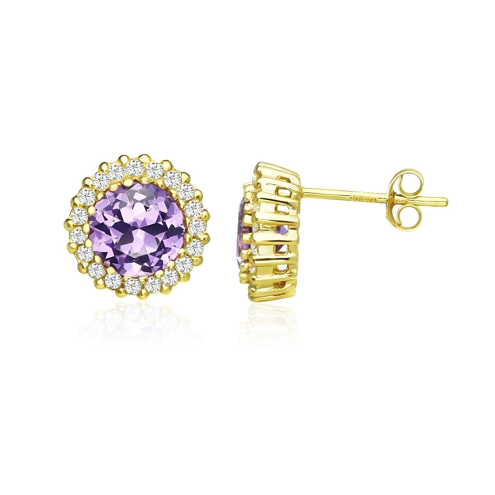 Yellow Gold Flashed Sterling Silver Created Amethyst and Cubic Zirconia Round Halo Stud Earrings