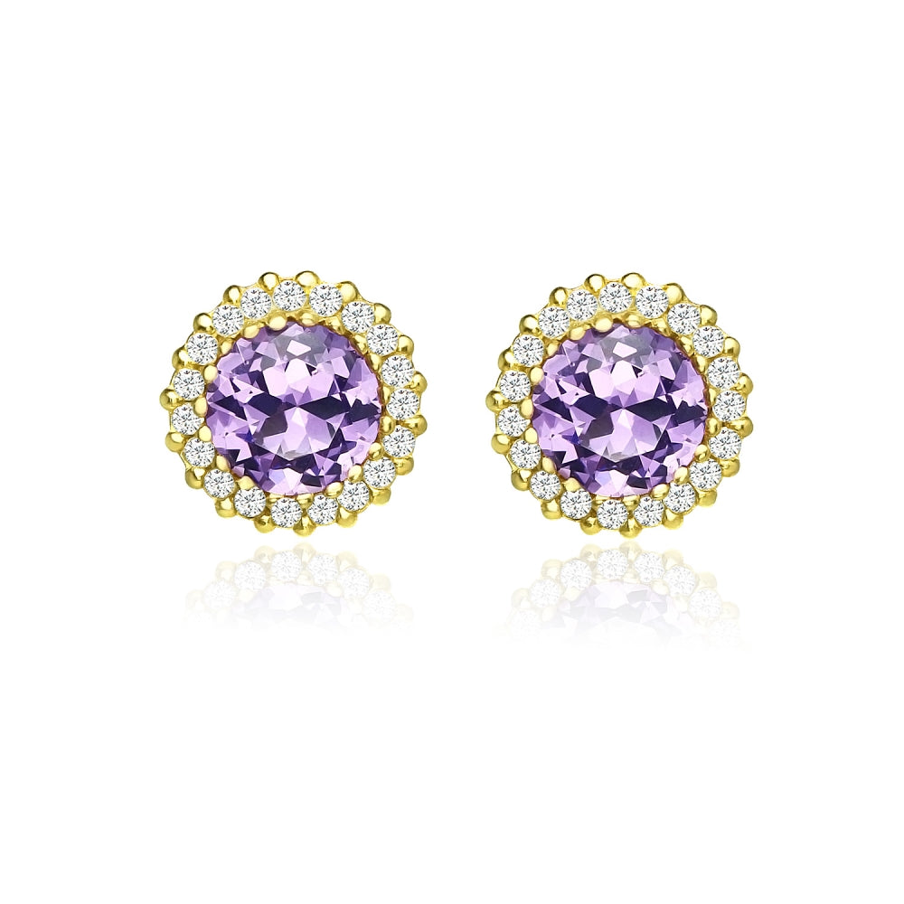 Yellow Gold Flashed Sterling Silver Created Amethyst and Cubic Zirconia Round Halo Stud Earrings-2