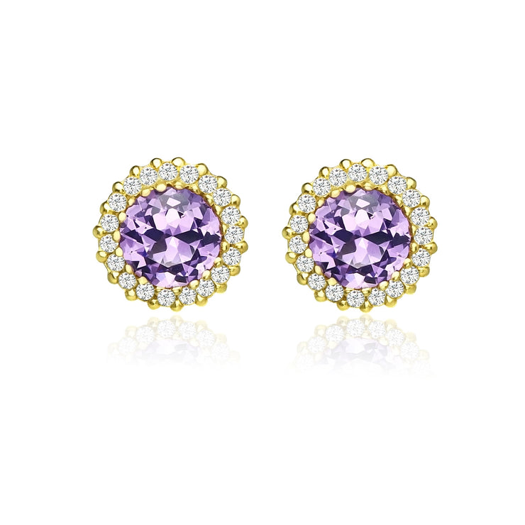 Yellow Gold Flashed Sterling Silver Created Amethyst and Cubic Zirconia Round Halo Stud Earrings