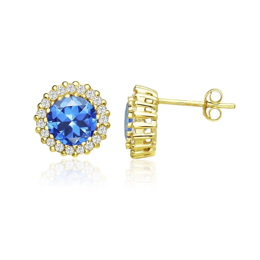 Yellow Gold Flashed Silver Created Blue Sapphire and Cubic Zirconia Round Halo Stud Earrings