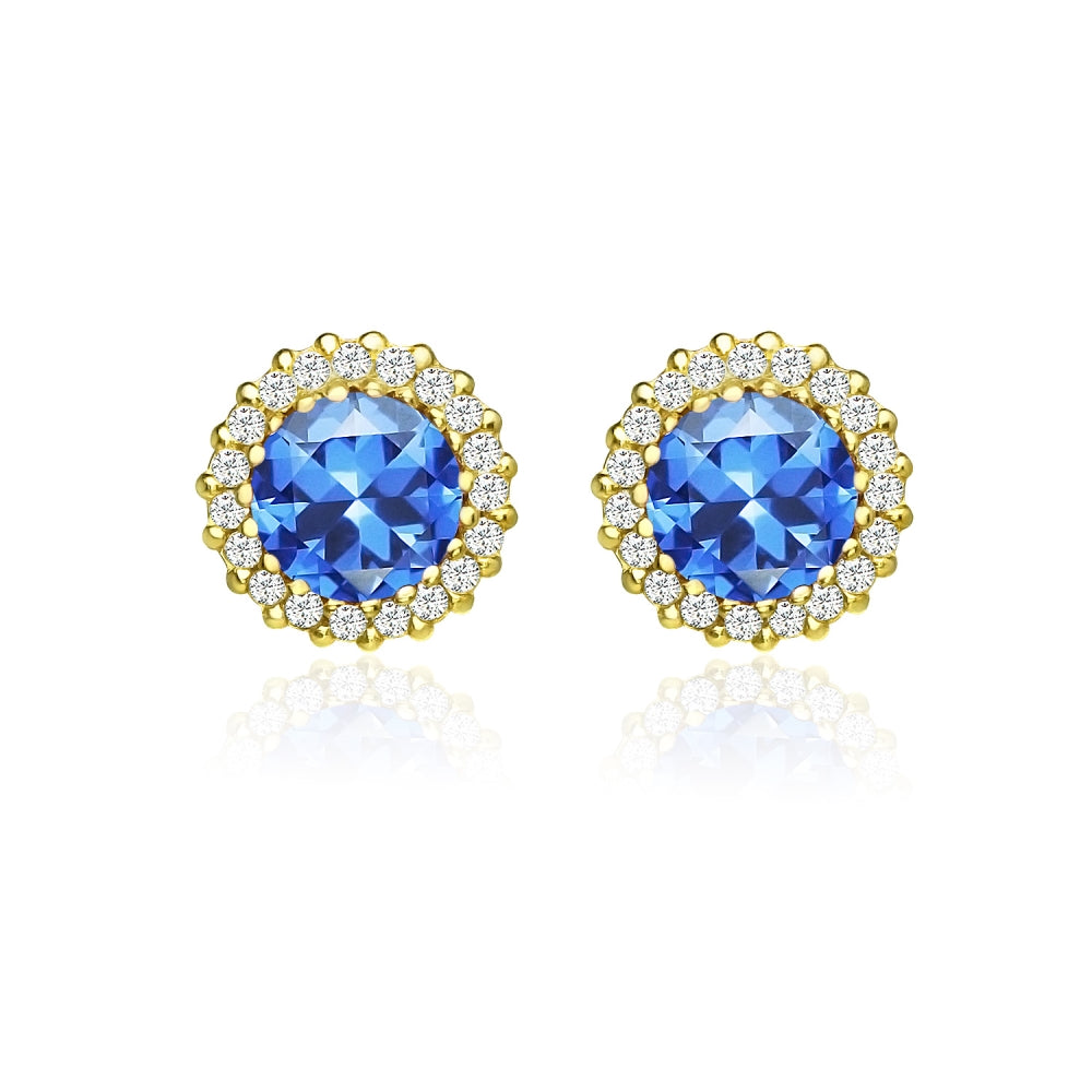 Yellow Gold Flashed Silver Created Blue Sapphire and Cubic Zirconia Round Halo Stud Earrings-2