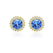 Yellow Gold Flashed Silver Created Blue Sapphire and Cubic Zirconia Round Halo Stud Earrings