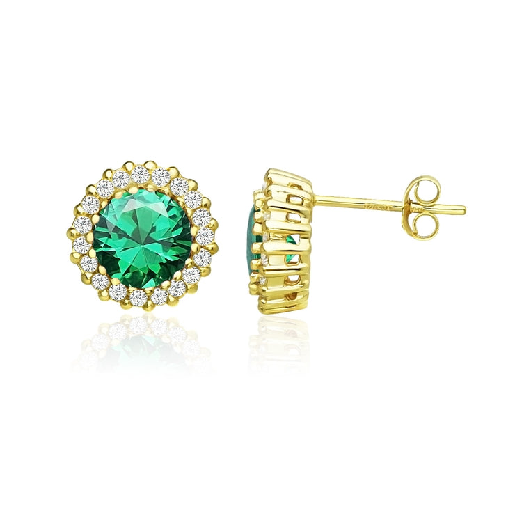Yellow Gold Flashed Sterling Silver Created Emerald and Cubic Zirconia Round Halo Stud Earrings