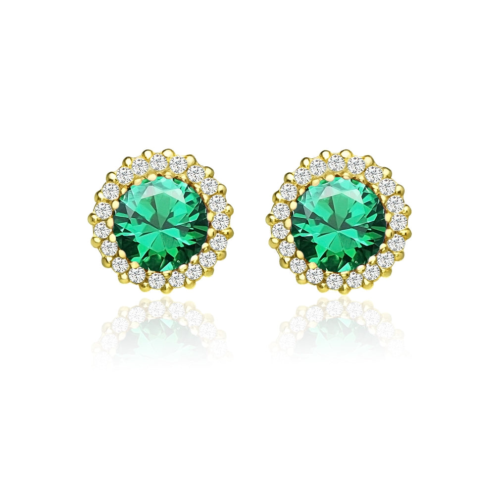 Yellow Gold Flashed Sterling Silver Created Emerald and Cubic Zirconia Round Halo Stud Earrings-2