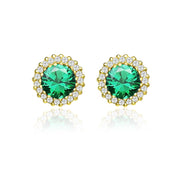 Yellow Gold Flashed Sterling Silver Created Emerald and Cubic Zirconia Round Halo Stud Earrings