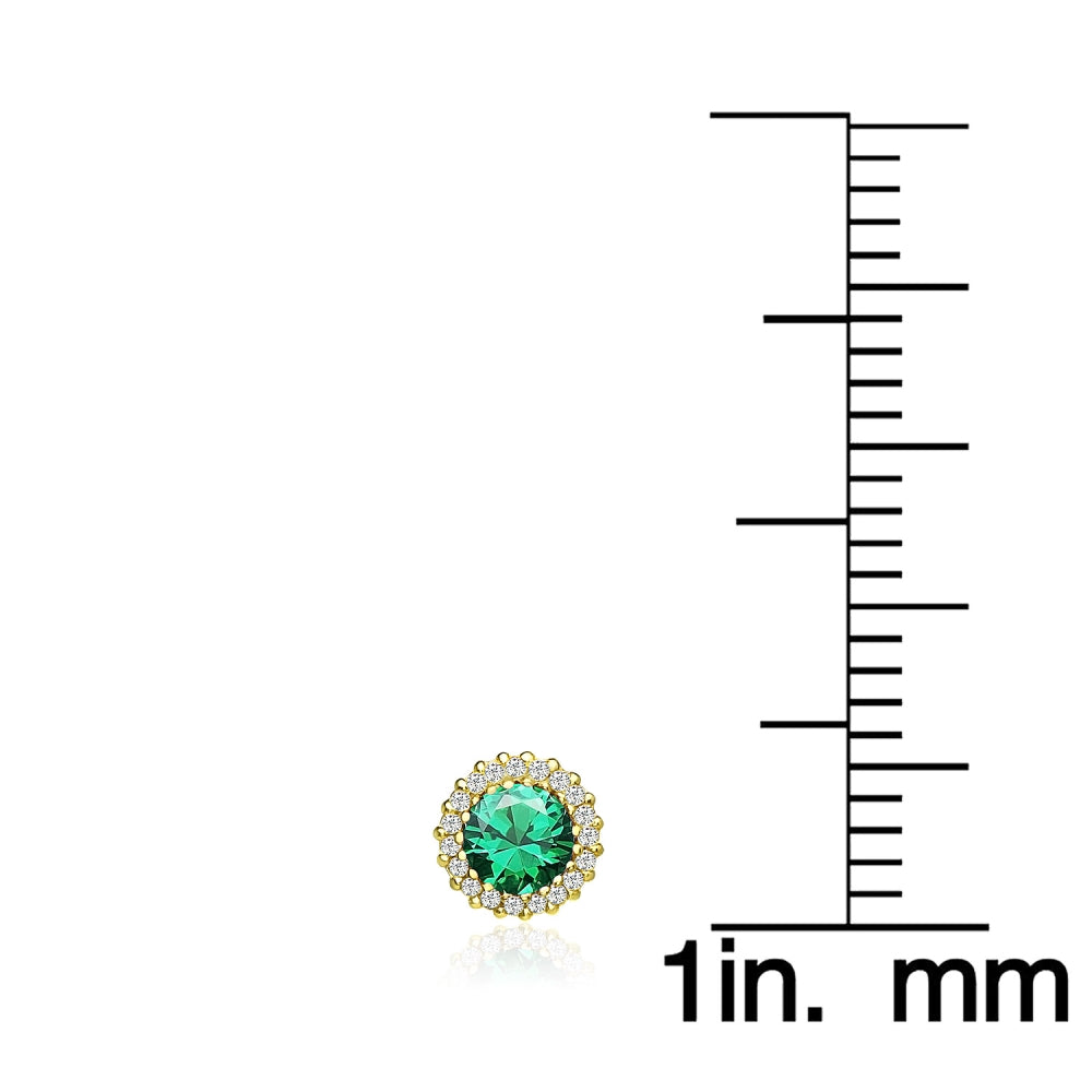 Yellow Gold Flashed Sterling Silver Created Emerald and Cubic Zirconia Round Halo Stud Earrings-5