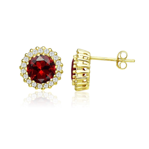 Yellow Gold Flashed Sterling Silver Created Garnet and Cubic Zirconia Round Halo Stud Earrings