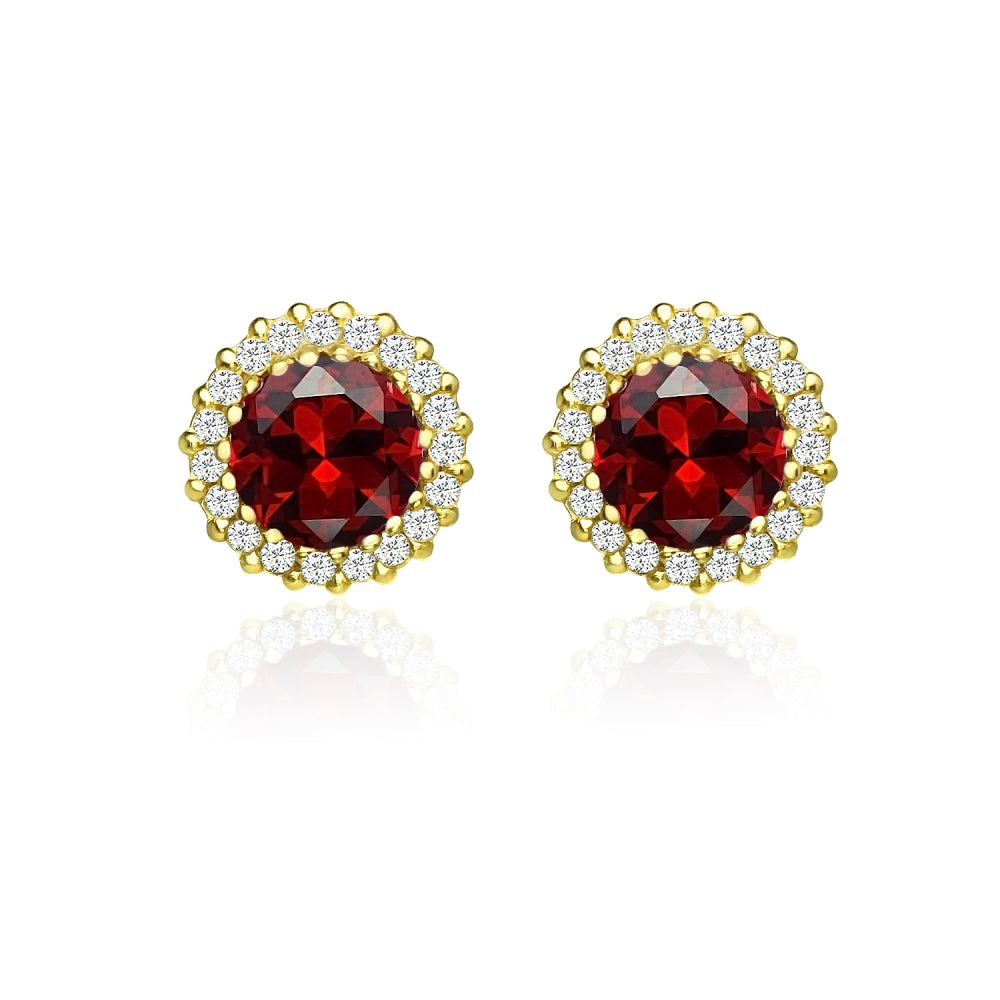 Yellow Gold Flashed Sterling Silver Created Garnet and Cubic Zirconia Round Halo Stud Earrings-2