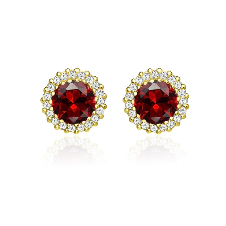 Yellow Gold Flashed Sterling Silver Created Garnet and Cubic Zirconia Round Halo Stud Earrings