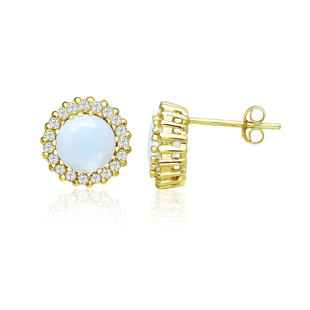 Yellow Gold Flashed Sterling Silver Created White Opal and Cubic Zirconia Round Halo Stud Earrings