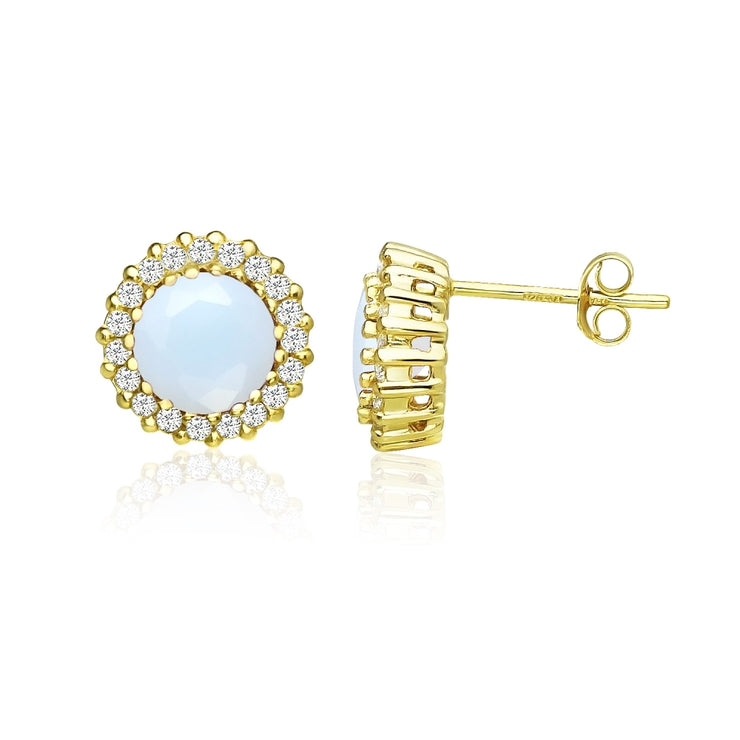 Yellow Gold Flashed Sterling Silver Created White Opal and Cubic Zirconia Round Halo Stud Earrings