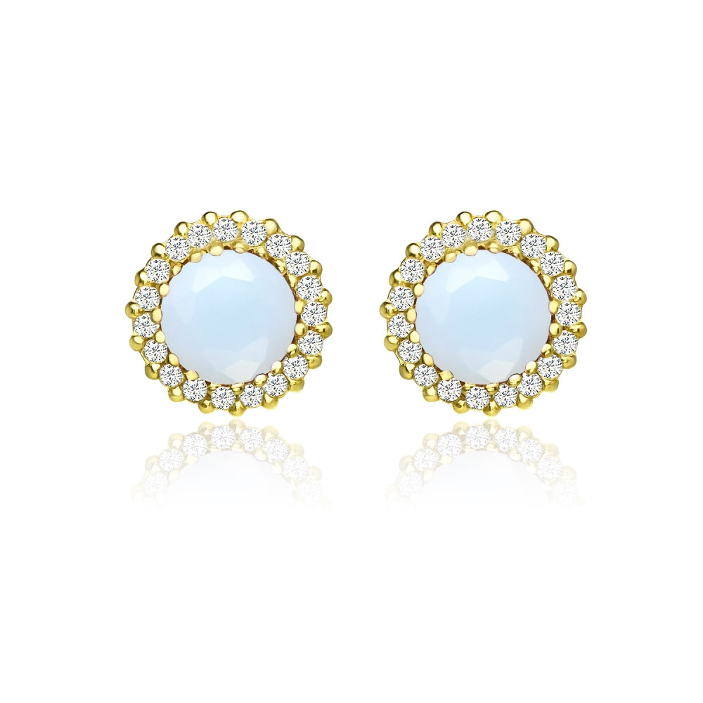 Yellow Gold Flashed Sterling Silver Created White Opal and Cubic Zirconia Round Halo Stud Earrings-2